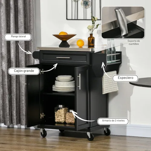 Vista 3 de HOMCOM Isla de cocina sobre ruedas, carrito de cocina rodante con encimera de acero inoxidable, cajón, toallero y estante de especias, carrito
