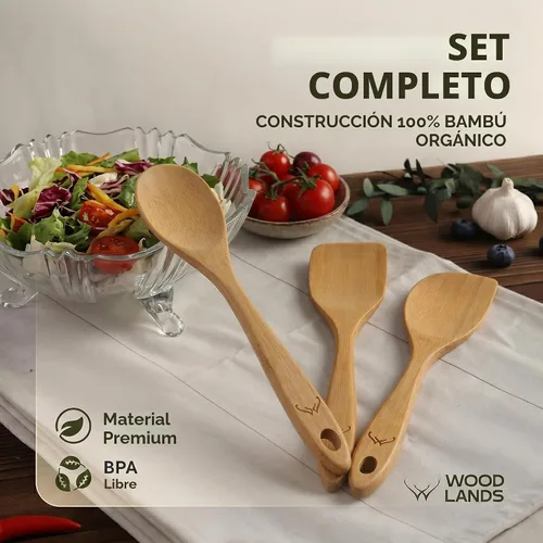 Vista 7 de Prime - Juego de 3 cucharas de madera de bambú para cocinar, utensilios de cocina de madera con mango largo, incluye cuchara plana de madera