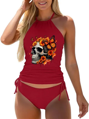 Vista 56 de Omichic Conjuntos de tankini modestos para mujer, trajes de baño atléticos de 2 piezas, camiseta sin mangas fluida con parte inferior de bikini