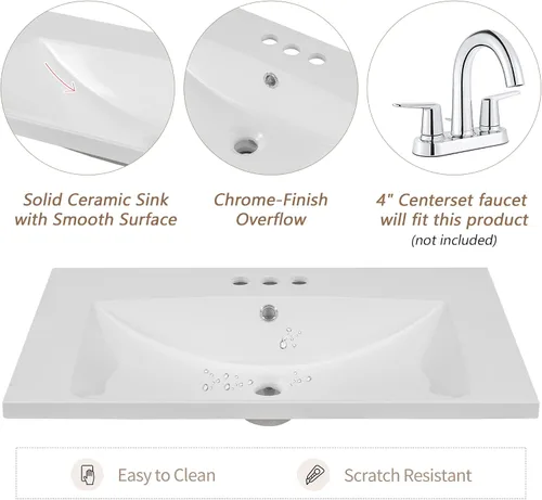 Vista 10 de Armario de tocador de baño de 30 pulgadas con juego de encimera de cerámica para fregadero, cajones multifuncionales y estante de almacenamiento