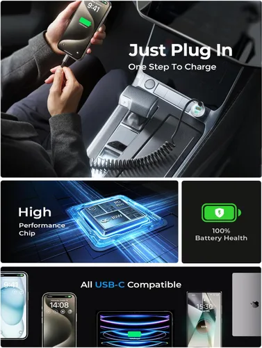 Vista 6 de LISEN - Cargador de coche con cable en espiral USB-C integrado de 36 pulgadas de 45 W, adaptador de encendedor de cigarrillos de carga rápida