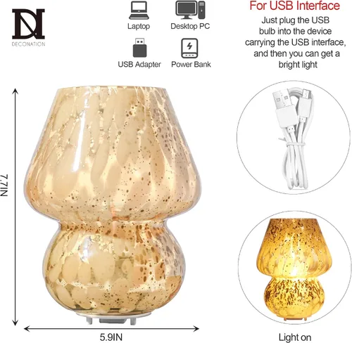 Vista 3 de Lámpara de mesa inalámbrica de cristal con forma de hongo para dormitorio, lámparas de mesita de noche de escritorio pequeñas para sala de estar