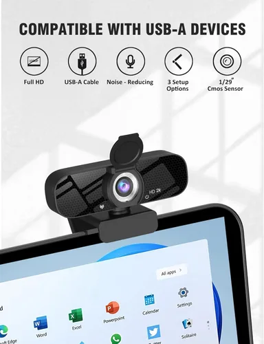 Vista 3 de Tewiky Cámara web Full HD con micrófono integrado y trípode giratorio, video 2K y cámara gran angular, cubierta de privacidad, para PC de escritorio