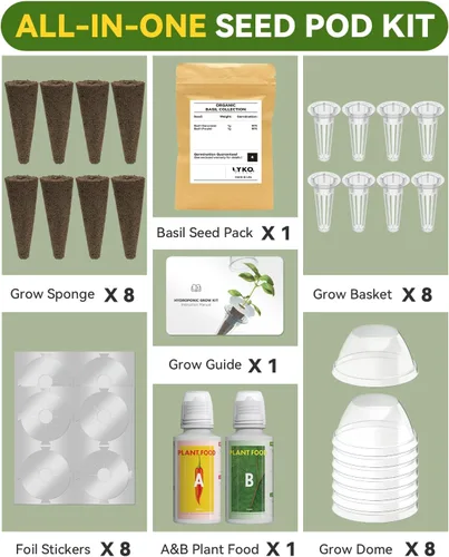 Vista 3 de Hydroponics - Vaina de semillas con albahaca genovesa y albahaca morada, kit completo de 8 cápsulas con esponja, canasta, cúpula, etiqueta