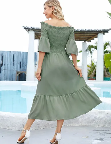 Vista 5 de DRESSTELLS Women Casual Dresses, Summer Smocked Maxi Dresses 2023 Trendy, Off Shoulder Boho Sundress