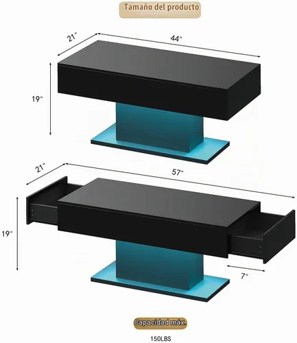 Vista 2 de HedoAjim - Mesa de café negra con LED y 2 cajones de almacenamiento para sala de estar, mesa rectangular de centro para sala de estar, mesas de café