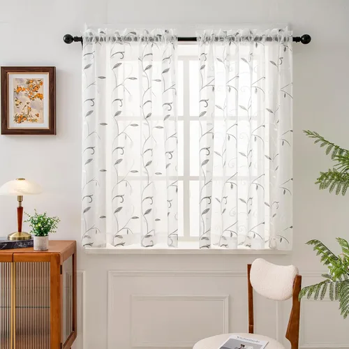 Vista 18 de VISIONTEX 2 paneles de cortinas traslúcidas de 63 in de largo, cortinas de gasa semitransparentes bordadas con hojas florales beige, bolsillo