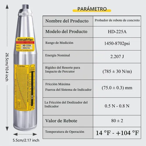 Vista 8 de HD-225A - Probador profesional de martillo de rebote de hormigón, herramienta de medidor de prueba de resiliómetro portátil con rango de 10-60