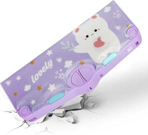 Vista 5 de Minache Estuche multifunción Caja de lápices con 2 compartimentos Juego de papelería con patrón de dibujos animados con tijeras emergentes