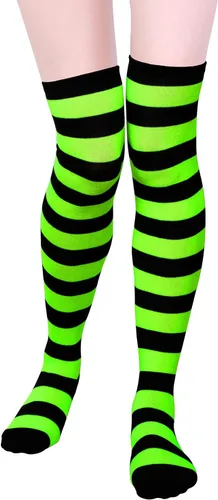 Vista 6 de Aneco 4 pares de calcetines de rayas altas por encima de la rodilla, accesorios de Halloween, cosplay, calcetines altos para adultos, mujeres y niñas