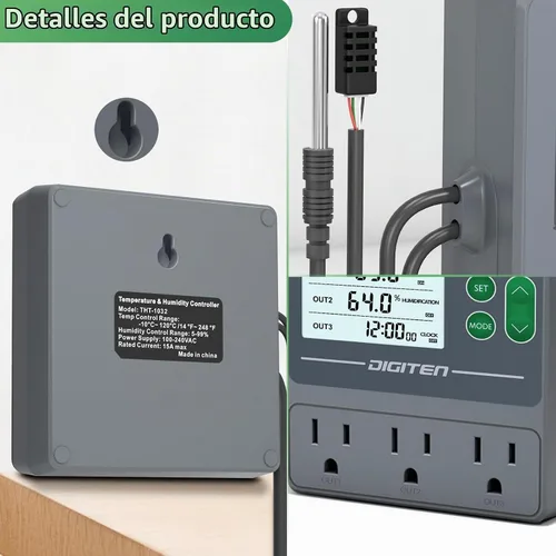 Vista 4 de Controlador de temperatura y humedad de doble sonda, sensores independientes para control preciso de temperatura y humedad, compatible