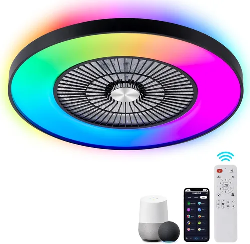 Vista 10 de Ventiladores de techo sin aspas de 24" con luces y control remoto/APP, ventilador de techo de bajo perfil con 3 luces atenuables, ventilador
