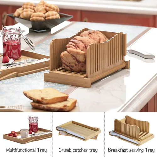 Vista 5 de Cortador de pan de bambú con cuchillo dentado, guía ajustable para 3 tamaños de grosor, tabla de cortar plegable con bandeja para migas, ideal