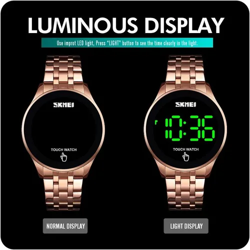 Vista 5 de PASOY Reloj digital LED con pantalla táctil, retroiluminación verde, acero inoxidable, impermeable, casual, deportivo, para hombres, mujeres y niños