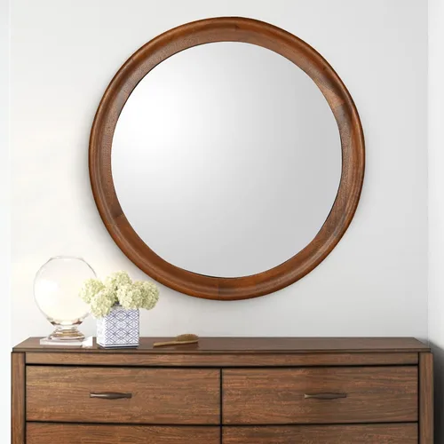 Vista 13 de Espejos redondos de 24 pulgadas, espejo de pared rústico decorativo de transición de nogal oscuro con grano de madera para baño, espejo de tocador