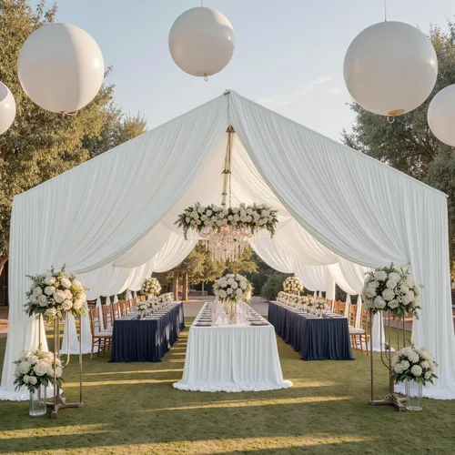 Vista 13 de Cortina de techo beige de 20 x 40 pies para bodas, 4 paneles sin arrugas, 40 pies de largo, cortinas drapeadas para bodas, cumpleaños y fiestas
