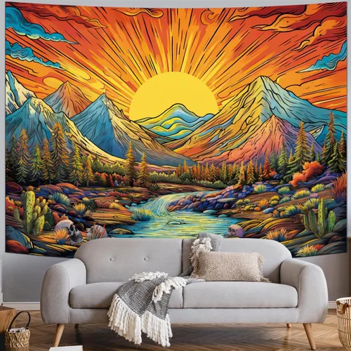 Vista 2 de Serborlur Tapiz bohemio con sol y montaña, diseño de árbol de bosque trippy, vintage, estético, mágico de río, paisaje, naturaleza, para colgar