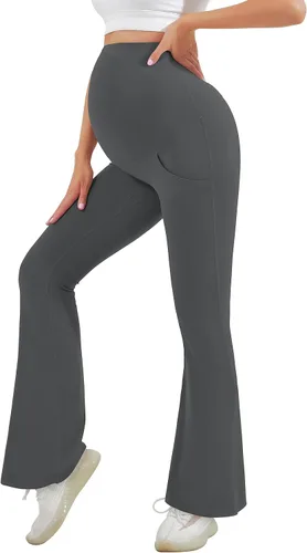 Vista 7 de HEGALY Leggings acampanados de maternidad para mujer sobre el vientre, pantalones casuales de yoga para embarazo, con bolsillos, suaves como