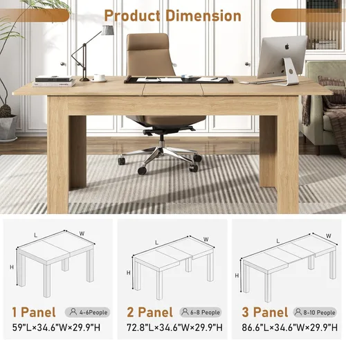 Vista 7 de Mesa de comedor extensible de 59 a 86 pulgadas para 6 a 10 personas, mesa de comedor de madera, mesa extensible moderna para reuniones, reuniones