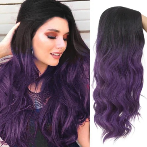 Vista 12 de Swiking Pelucas largas de color verde y negro para mujer, pelucas de cabello ondulado natural ombré verde sintético de fibra suave para fiesta