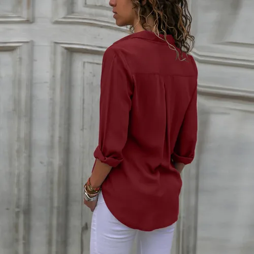 Vista 4 de Camisetas de manga larga con botones para mujer, color sólido, blusa enrollable, ajuste holgado, casual, a la moda