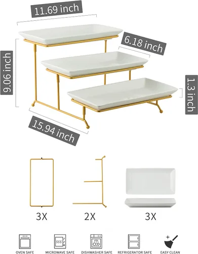 Vista 2 de YHOSSEUN Bandeja para servir de 3 niveles con soporte para servir, cerámica Soporte dorado