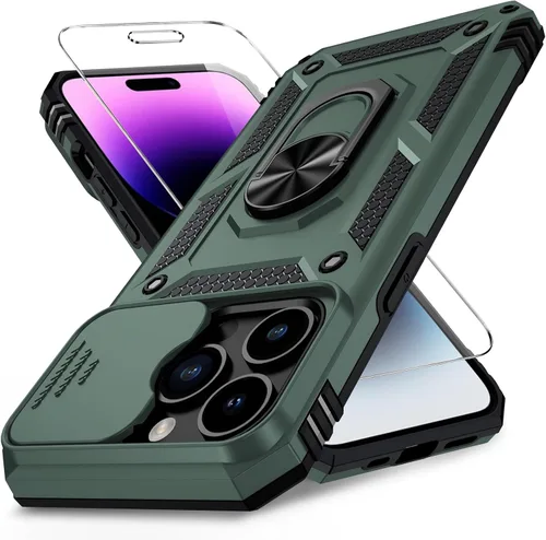 Vista 21 de Funda para iPhone 14 con cubierta para lente de cámara, protector de pantalla HD, protección contra caídas de grado militar de 10 pies, soporte