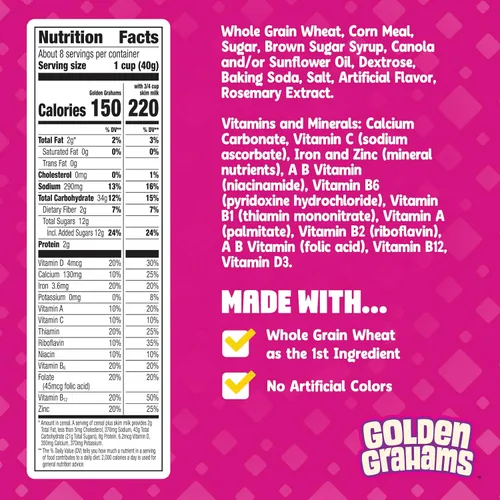 Vista 2 de Golden Grahams Cereal de desayuno, grano entero, 11.7 onzas Graham Cracker Taste, 0.45 oz de grano entero por porción, 12 vitaminas por porción