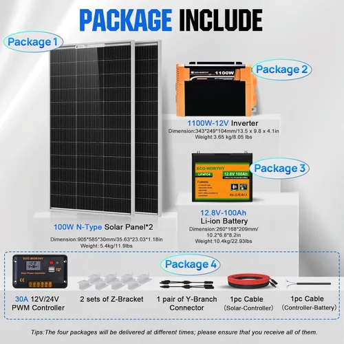 Vista 7 de ECO-WORTHY Kit completo de iniciación de panel solar de 200 vatios y 12 V para RV fuera de la red con batería e inversor: 2 paneles solares de 100 W