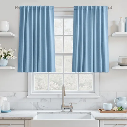 Vista 104 de UHITECH Cortinas cortas de lino de 24 pulgadas de largo para ventanas pequeñas de granja, cortinas opacas modernas para sala de estar, pestañas