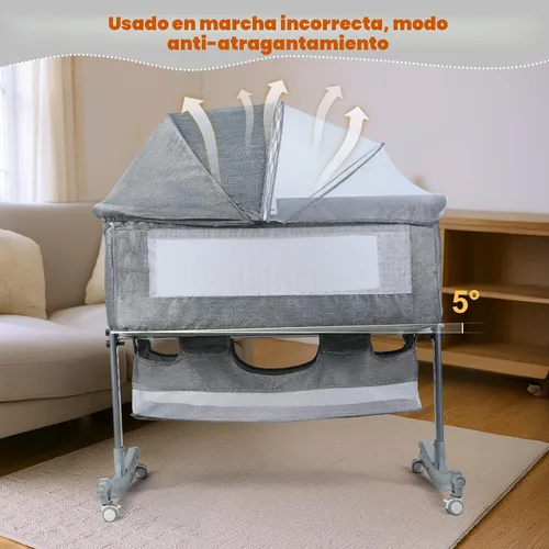 Vista 4 de Moisés 3 en 1 para bebé, cuna portátil ajustable con ruedas Gris