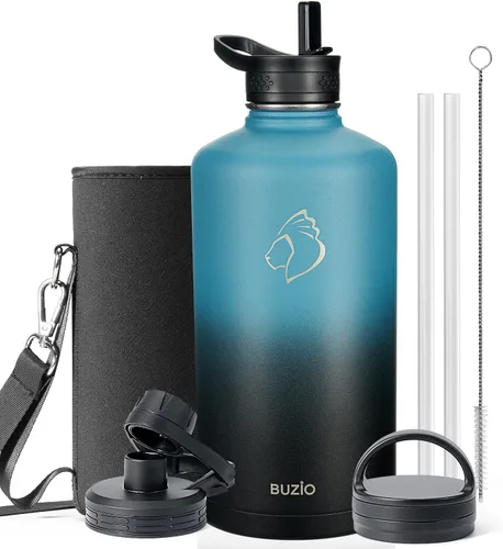 Vista 14 de BUZIO Botella de agua de 32 onzas aislada con popote y 3 tapas y bolsa de transporte, a prueba de fugas, frasco jarra de agua de acero inoxidable