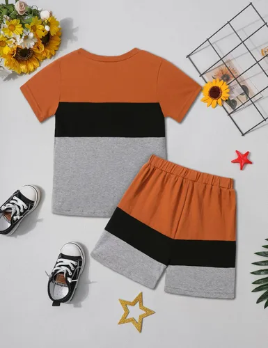 Vista 3 de Ribabz Ropa para niños pequeños, ropa de verano con estampado de letras y pantalones cortos, conjunto de 2 piezas