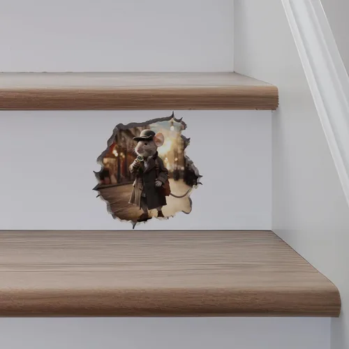 Vista 7 de Detective Sherlock Holmes Mouse in Mouse Hole Calcomanía de pared 3D