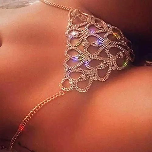 Vista 4 de Evild Cadena de cuerpo de cristal, brasier de bikini plateado, traje de cadena de playa, cintura de vientre, parte superior corta, ropa
