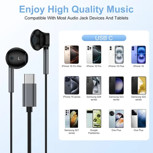 Vista 7 de Auriculares USB C con cable para Samsung Galaxy S26 Ultra/S25/S24 Fe, auriculares con micrófono integrado y control de volumen para iPhone