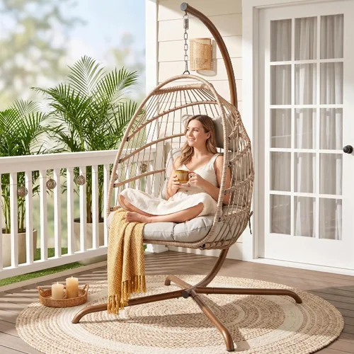 Vista 3 de RADIATA Silla de huevo al aire libre con soporte, silla colgante de mimbre Dorado/Beige