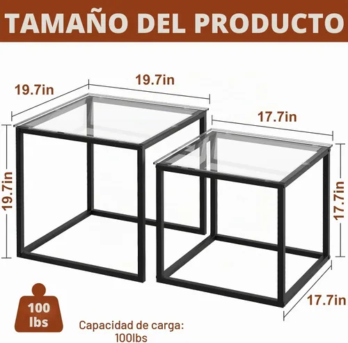 Vista 2 de Garden 4 you Juego de 2 mesas auxiliares modernas, mesa anidable de cristal, juego de mesa central cuadrada con marco de metal, mesas auxiliares