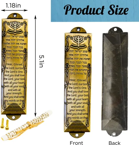 Vista 2 de Mezuzah para puerta con pergamino - Regalo de Mitzvá judío (latón) Judía Mitzvah puerta caso, para puerta exterior, regalo de bendición