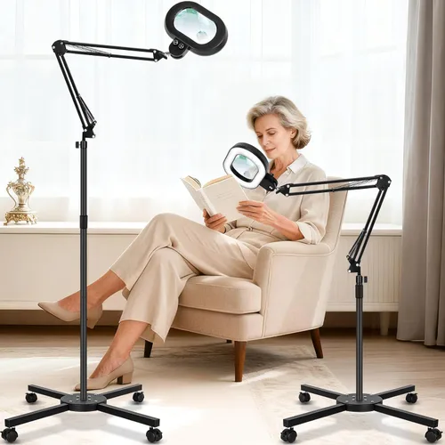 Vista 11 de KIRKAS Lupa de piso grande 12X con luz y soporte, color infinito regulable 2 en 1 lámpara de lupa iluminada para trabajo cercano, lectura
