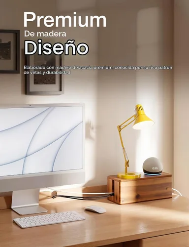 Vista 7 de Caja de gestión de cables de madera de acacia TIDITA con borde redondo - Caja organizadora de cables de madera de 40.6 cm de largo para ocultar