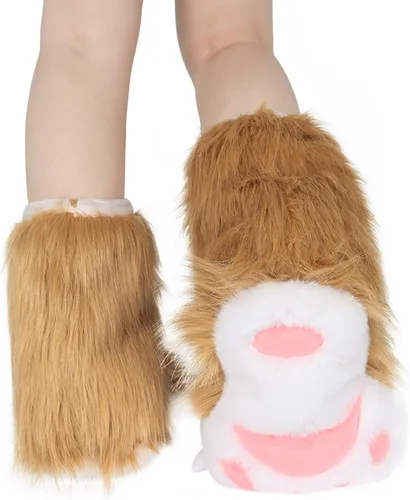 Vista 3 de Pantuflas peludas con patas de oso, gato, lobo, zorro, animales, botas peludas, accesorios de disfraz para adultos, Halloween, cosplay