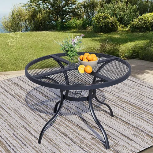 Vista 9 de Mesa de bar para exteriores, mesa cuadrada de 36.5 pulgadas de altura con marco de metal resistente y parte superior de listones resistente a