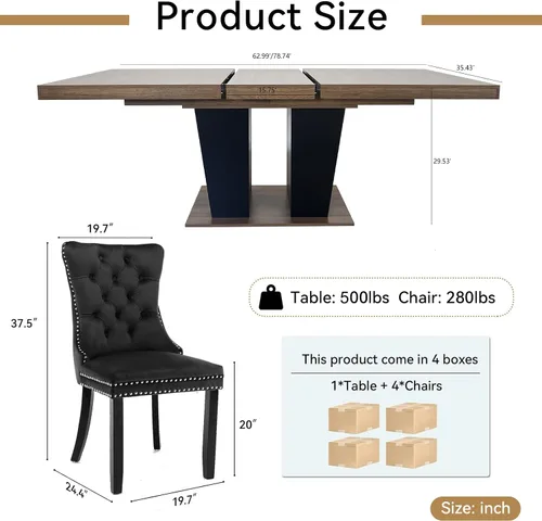Vista 9 de Juego de mesa de comedor extensible de 5 piezas con 4 sillas de tela, mesa extensible marrón con base negra, juego moderno de comedor de madera