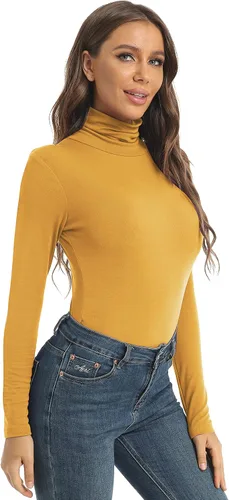 Vista 4 de Camisetas casuales de manga larga con cuello alto para mujer ajustadas ligeras con capa base