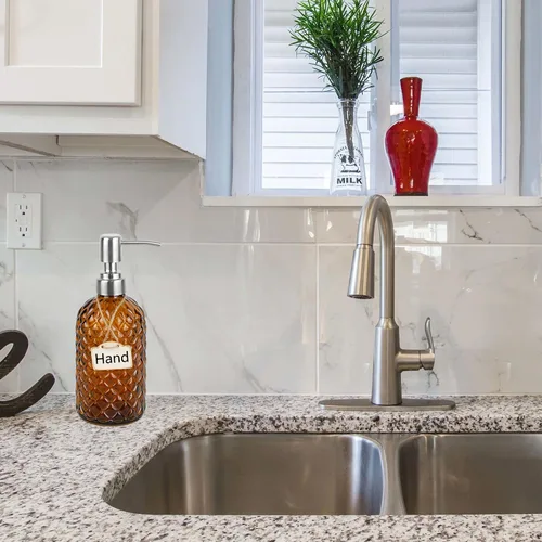 Vista 4 de Dispensador de jabón de vidrio con patrón de diamante de 16 onzas, dispensador de jabón recargable para cocina y baño, con bomba de acero inoxidable