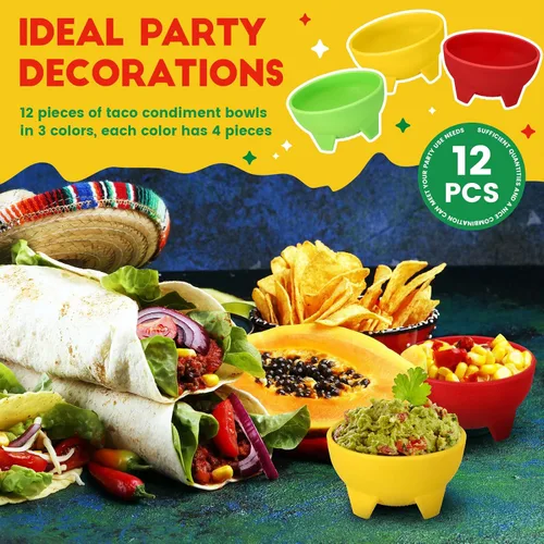 Vista 4 de 12 cuencos de salsa para fiestas, coloridos cuencos de salsa de plástico mexicanos, platos de guarnición para servir mexicanos, rojo, amarillo