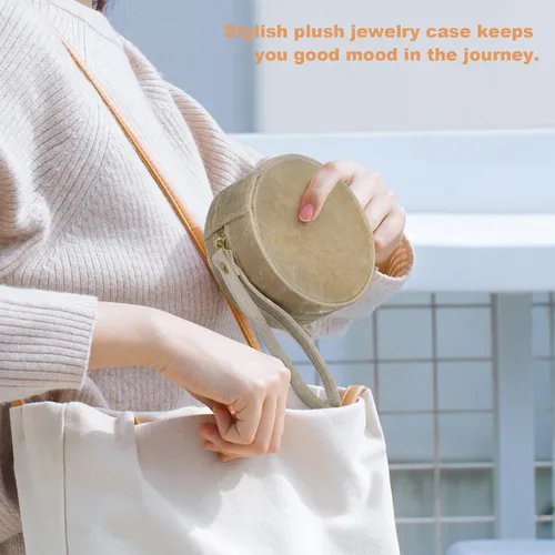 Vista 5 de Joyero pequeño Mini estuche de viaje de terciopelo de felpa con espejo, organizador de joyas portátil para aretes, collares, pulseras y anillos