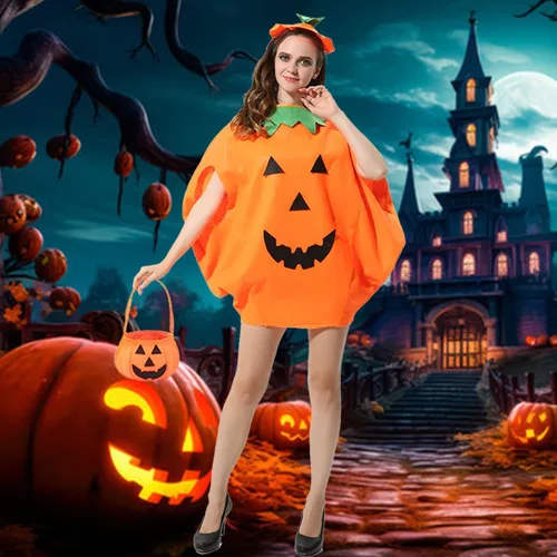 Vista 4 de Disfraz de calabaza para adultos, 3 piezas de Halloween, unisex, ropa de fiesta de disfraces de calabaza con un sombrero, una bolsa
