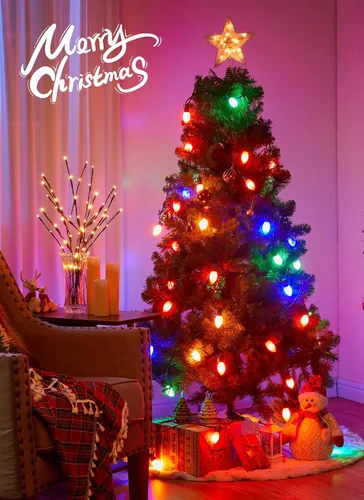 Vista 6 de Luces LED de Navidad vintage C9 para exteriores, cadena de 50 pies con 25 bombillas inastillables, impermeables, conectables, luces de árbol